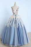 Princess Ball Gown Appliques Blue Tulle Prom Dresses, Sweet 16 Dress, Quinceanera Dress STI15289