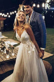 A Line Spaghetti Straps V Neck Beach Wedding Dresses Backless Summer Bridal Dresses STI15494