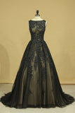 2024 Black Sexy Bateau A-Line Prom Gown Sweep Train With Beads & PKMSYSAJ