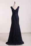 2024 Evening Dresses V Neck With Beading Sweep Train Lace PSRMXDPS
