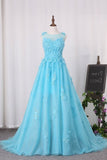 2024 A Line Prom Dresses Tulle Bateau With Applique And Handmade Flower PREQGFKJ