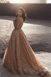 Sparkly Spaghetti Straps A Line Elegant Long Prom Dress, Sequins Evening Party Dresses STI15430