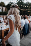 Backless Lac Mermaid Wedding Dresses Cap Sleeve Bohemian P3PZ72T6