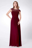 Elegant A Line Cap Sleeve Burgundy Lace Prom Dresses with Chiffon, Bridesmaid Dresses STI15145