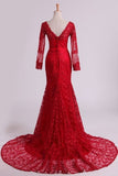 2024 Red V-Neck Evening Dresses Mermaid With Applique Lace PC643HJD