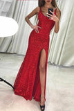 Sexy Sequins Sheath V Neck Prom Dresses With Split, Long Evening Dresses STI15353