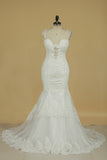 2024 Spaghetti Straps Mermaid Wedding Dresses Tulle With PRQAM7FD
