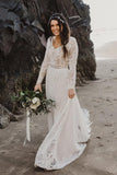 Charming A Line Long Sleeves V Neck Lace Ivory Beach Wedding Dresses, Bridal STI20395
