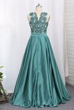 2024 A Line Prom Dresses Satin Scoop With Applique PHQ76PYC