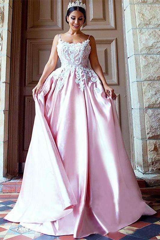 Unique Pink Backless Spaghetti Straps Sweep Train Appliques Long Prom Dresses