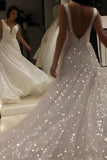 Shiny Ivory Sequins V Neck Backless Straps Wedding Dresses, Beach Bridal Dresses STI15375