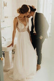 Elegant A Line Tulle Ivory V Neck Wedding Dresses With Pearls V Back Beach Bridal STIPJ5XYJAD