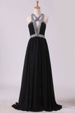 2022 Black Prom Dresses A Line Chiffon With Beads And Slit Cross PAX85XMY
