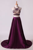 2024 Two Pieces A Line Scoop Beaded Bodice Prom Dresses Satin & Tulle Sweep PGGMA9HK