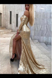 Mermaid Long Split Prom Dress Gold Sequined Evening Dress PQ4N967X