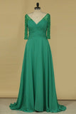 2024 V Neck Mother Of The Bride Dresses Chiffon With Beads And Ruffles PQQ15625