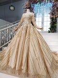 Long Sleeve Ball Gown Beads Lace Appliques Prom Dresses Sequins Quinceanera Dresses STI15241