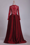 2024 Burgundy Asymmetrical Prom Dresses Long Sleeves Taffeta & Tulle P7YDSK5K