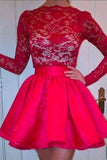 High Neckline Long Sleeves Red Lace Top Short Prom Dresses, Homecoming Dresses STI15237