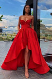 Elegant A Line Red Strapless High Low Prom Dresses with Pockets, Long Party Dresses STI15148