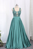 2024 A Line Prom Dresses Satin Scoop With Applique PHQ76PYC