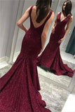 Sparkly Long V-Neck Open Back Mermaid Burgundy Prom Dresses P6K76Y3G