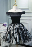 Black Satin Off the Shoulder Cute Homecoming Dresses Short Prom Dress Hoco Gowns STI14967