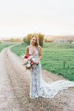 Rustic Lace Appliques V Neck Mermaid Wedding Dresses, Long Bridal Dresses STI15527