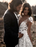 A Line Ivory V Neck Country Wedding Dresses with Appliques, Beach Wedding Gowns STI15548