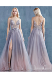 See Through Jeweled Glitter A-Line Prom Dress With High Slit Deep V Neck Long Formal STIPX9EQ898