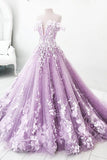 Ball Gown Off the Shoulder V Neck Tulle Lavender Beads Prom Dresses, Quinceanera Dresses STI15562