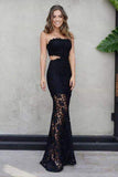 Sexy Mermaid Strapless Floor-Length Black Lace Cut Out Sleeveless Prom Dresses