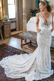 V-Neck Ivory Lace Long Mermaid Elegant Wedding Dresses PNSZB1P7