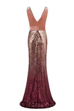 Sexy Sequins Mermaid V Neck Burgundy Velvet Long Prom Dresses Backless Evening Dress STI15352