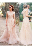 Elegant V-Neck Sleeveless Cap Sleeves Floor-Length Wedding Dress With STIPRQZPNT7
