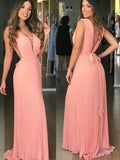 Elegant V Neck Chiffon Coral Straps V Neck Prom Dresses with Belt, Long Evening Dresses STI15212