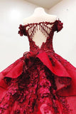 Modest Ball Gown Burgundy Lace Beading Princess Prom Dresses PNXYC3JQ