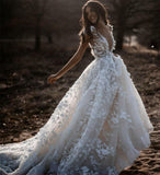 A Line Ivory V Neck Country Wedding Dresses with Appliques, Beach Wedding Gowns STI15548