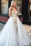 Sheath Spaghetti Straps White Detachable Train Prom Dress with Appliques, Quinceanera Dresses STI15373