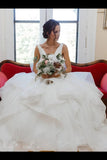 V Neck Organza Ball Gown Wedding Dress With Ruffles Beadings Sash PMDJ8RML