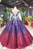 Ball Gown Ombre Sparkly Long Sleeve Sequins Prom Dresses, Quinceanera Dresses STI15066