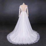 Long Sleeves White A-line Tulle Beach Wedding Dresses with Lace Appliques, Bridal Dress STI15255
