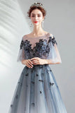 A Line Half Sleeves Tulle Long Ombre Prom Dress with Appliques Blue Evening Dresses STI15001