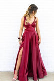V-Neck Side Split Burgundy Prom Dress With P3TPT2A5