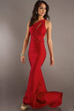 Elegant Prom Dresses 2024 Red Sheath/Column One Shoulder Chiffon PJ7S56G1