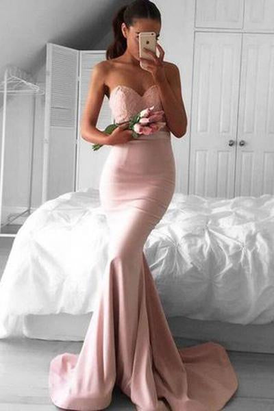 Stunning Sweetheart Sweep Train Pink Mermaid Prom Dress Lace