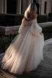 Princess Long Puff Sleeves Off the Shoulder Tulle Wedding Dresses, Beach Wedding Gowns STI15298