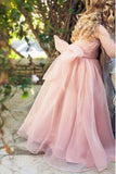 Cute Pink Tulle Flower Girl Dresses with Sash Floor Length, Round Neck Child Dresses STI15575