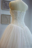Ball Gown Strapless Lace Appliques A Line Chapel Train Wedding Dress with Beading