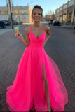 Modest Tulle V Neck Spaghetti Straps Pink Long Prom Dresses with STI15656